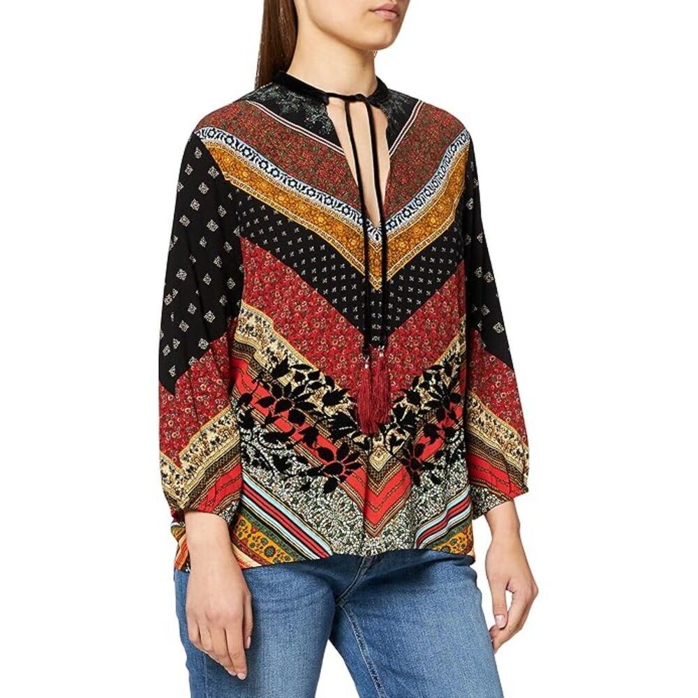 DESIGUAL Red Black Boho Balloon Sleeve Tassel Floral Velvet Blouse Top Size XS